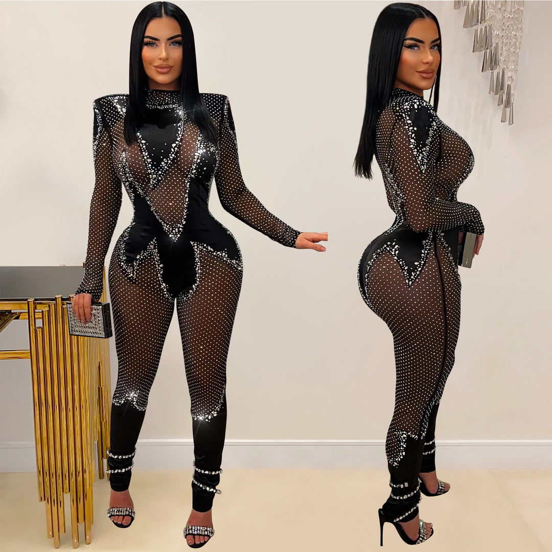 Dame Elegant Bodysuit med glitrende strass-detalje og gennemsigtigt design Stilla