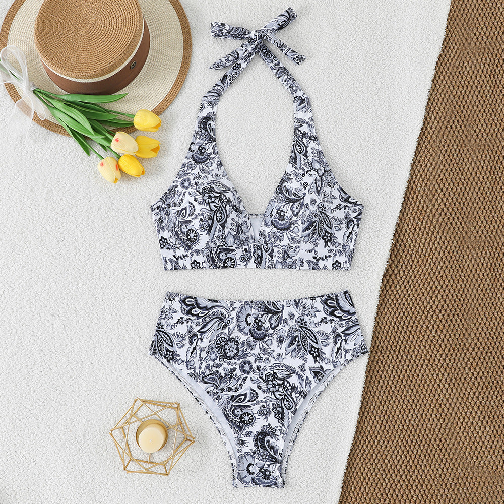 Dame Høj talje Bikini-sæt med blomsterdesign og legende halter top Skovae