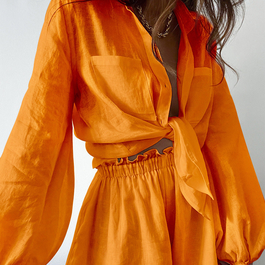 Dame løs linned shorts sæt med oversized skjorte og elastisk talje Stilla