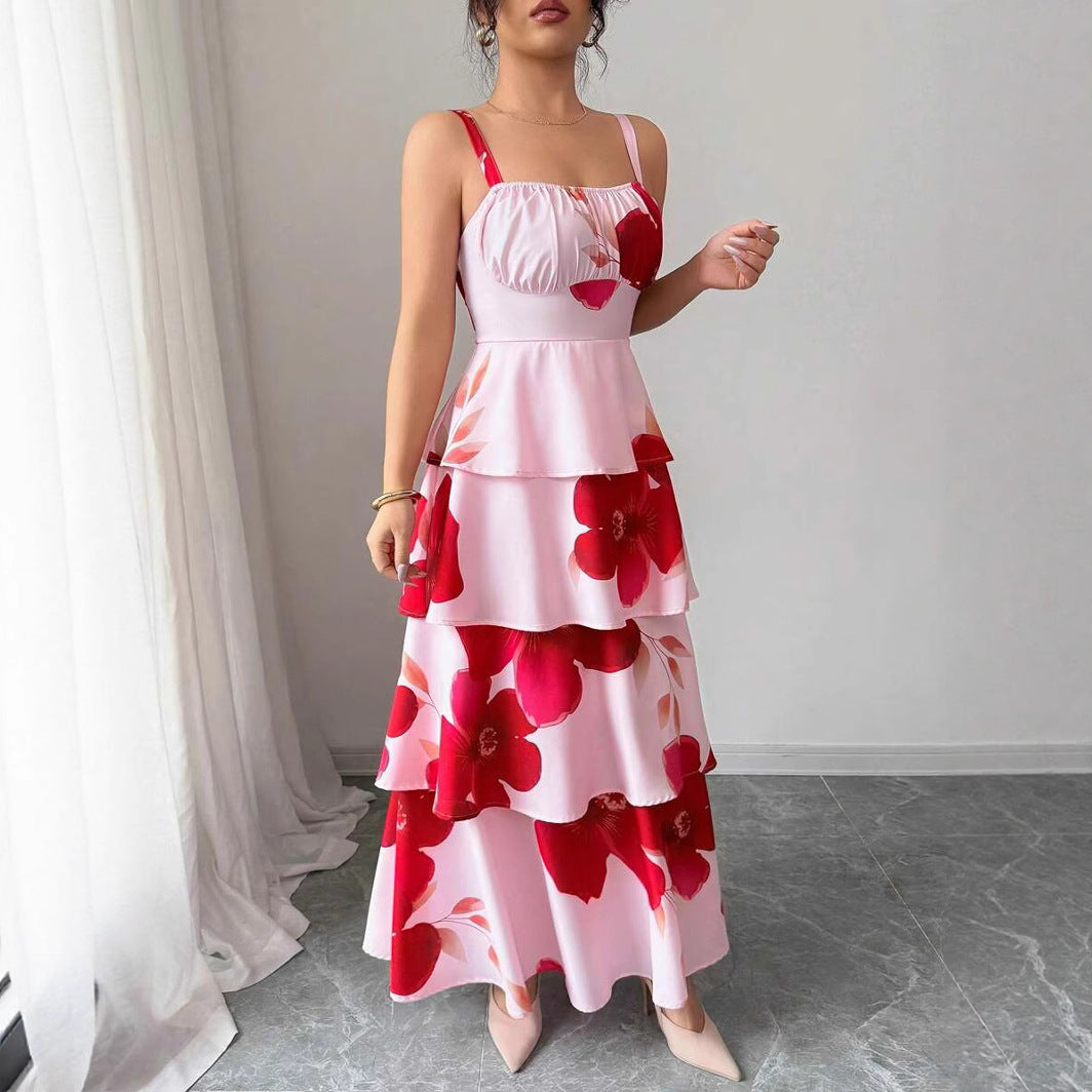 Dame Maxikjole med voluminøst flæsedesign og floral tryk Stilla