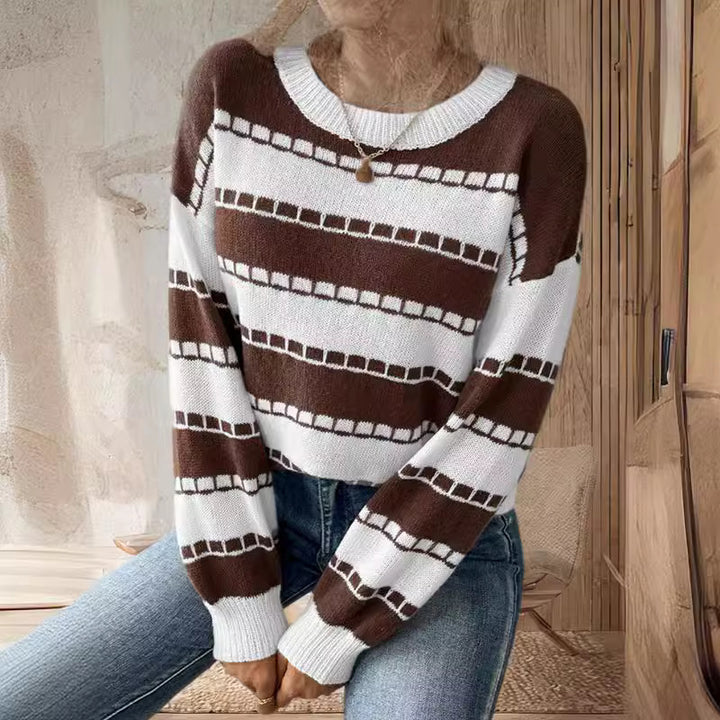 Dames moderigtige chunky strikket sweater med brede striber og afslappede ærmer Stilla