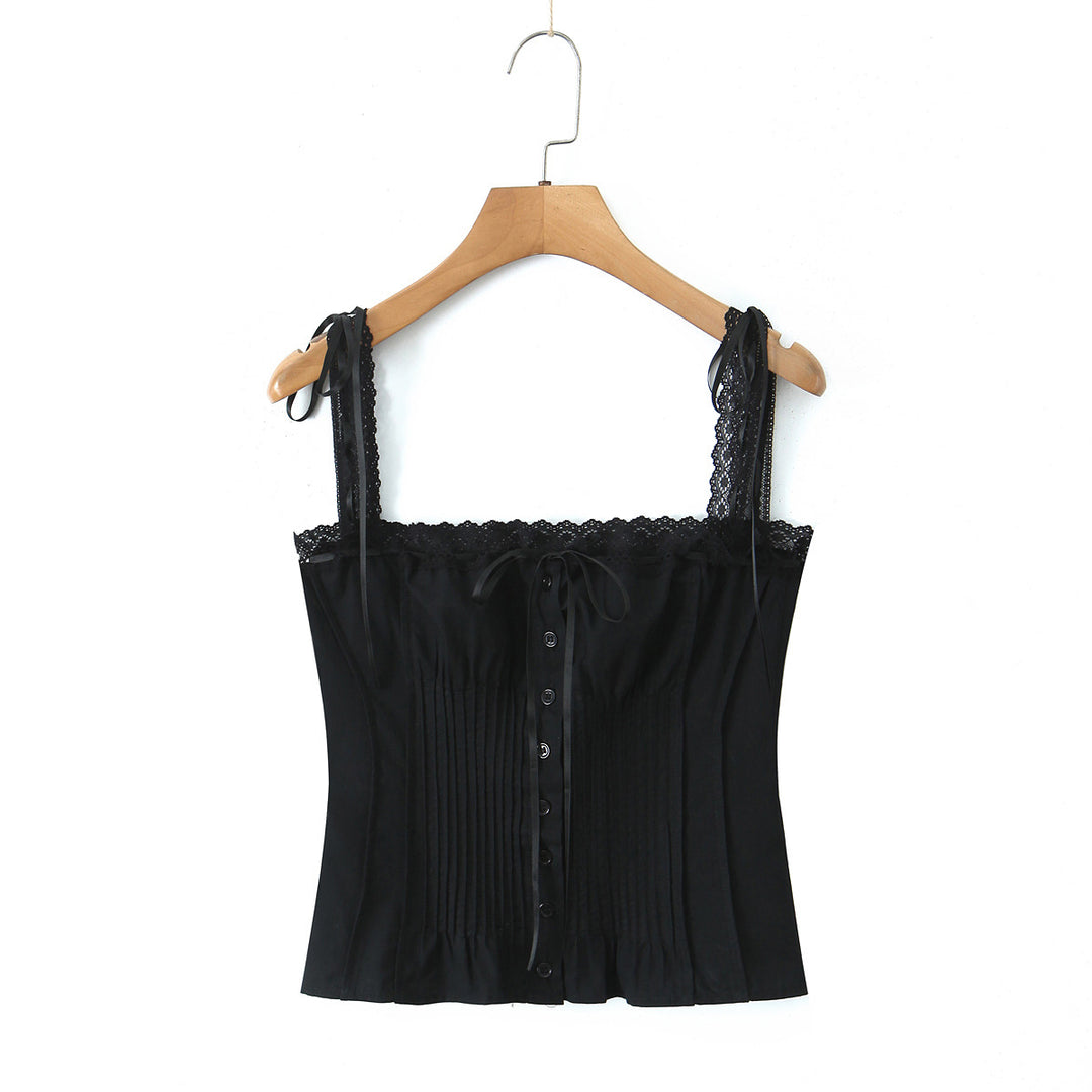 Dame Tailored Spaghetti Strap Shirt med Volantdetaljer og Knapliste Stilla