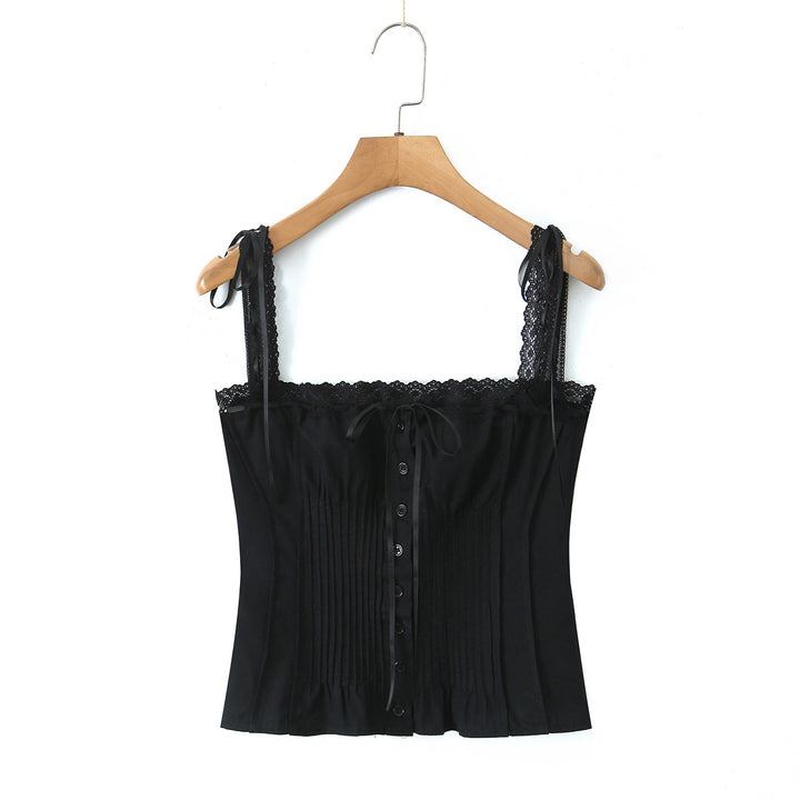 Dame Tailored Spaghetti Strap Shirt med Volantdetaljer og Knapliste Stilla