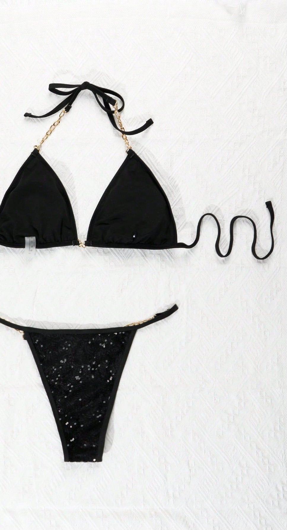 Dame Bikinisæt i glamourøst design med glitrende paletter og dekorerede stropper Stilla
