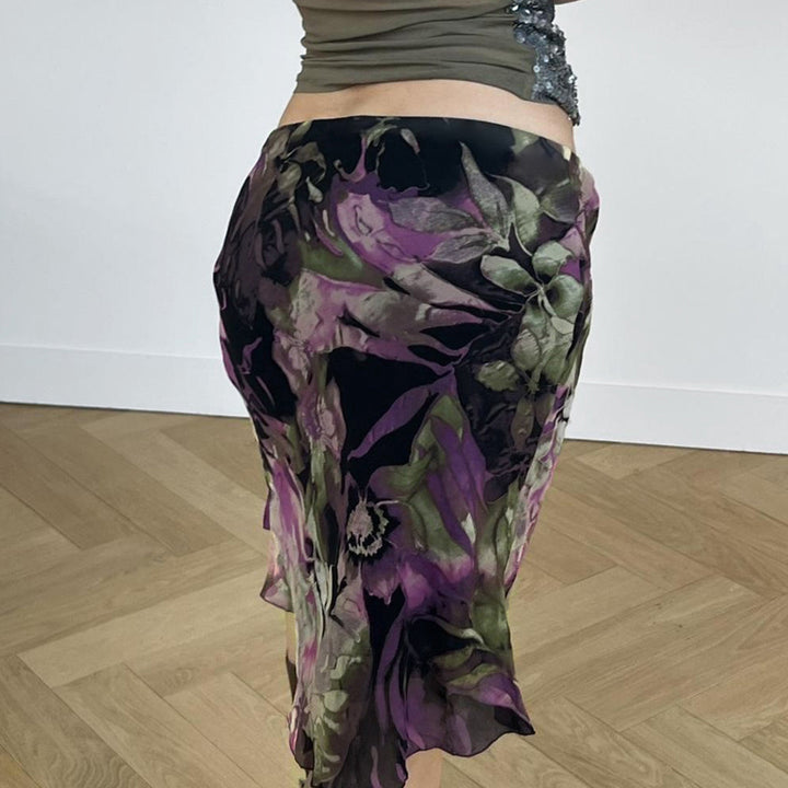Damen eleganter Midirock mit floralem Design und fließendem Stoff Skovae