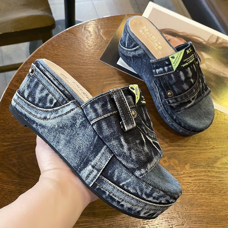 Dame nan Denim-Optik Plateau-Pantolette med åben tåparti og polstret fodseng Skovae