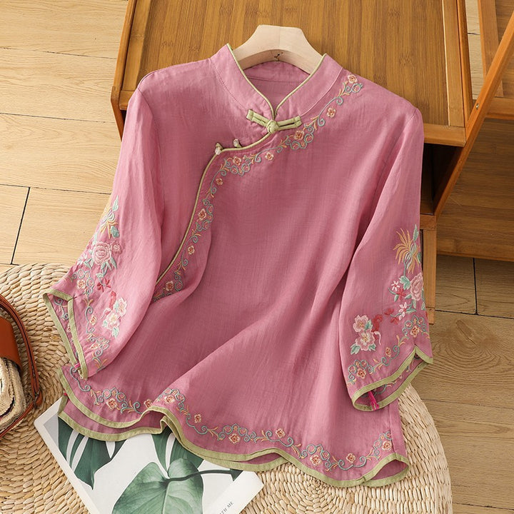 Femme Broderet Kinesisk Kravebluse Stilla