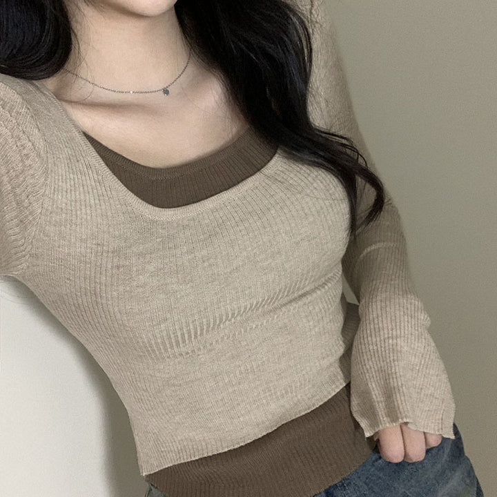 Dame Lange ærmet Crop-Top med dobbelt U-båd Halsudskæring og raffineret design Skovae