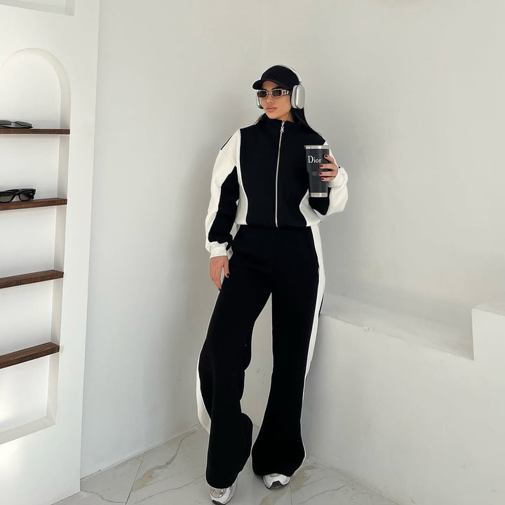 Kvindernes sporty loungewear sæt med høj krave og side kontraststriber Skovae