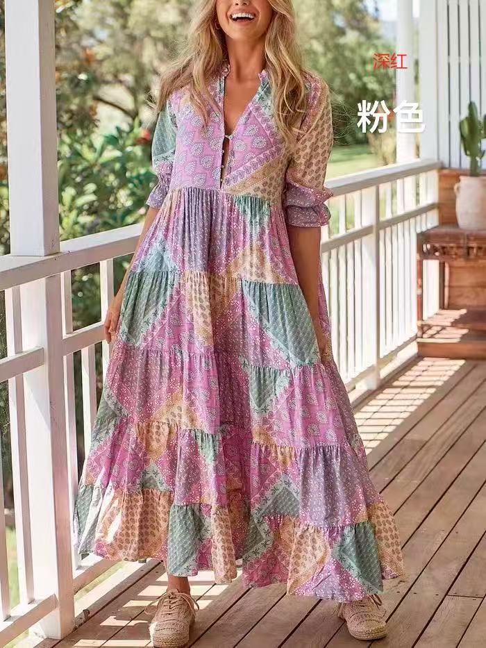 Dame Maxikjole i Boho-stil med flydende snit og patchwork-mønster Stilla