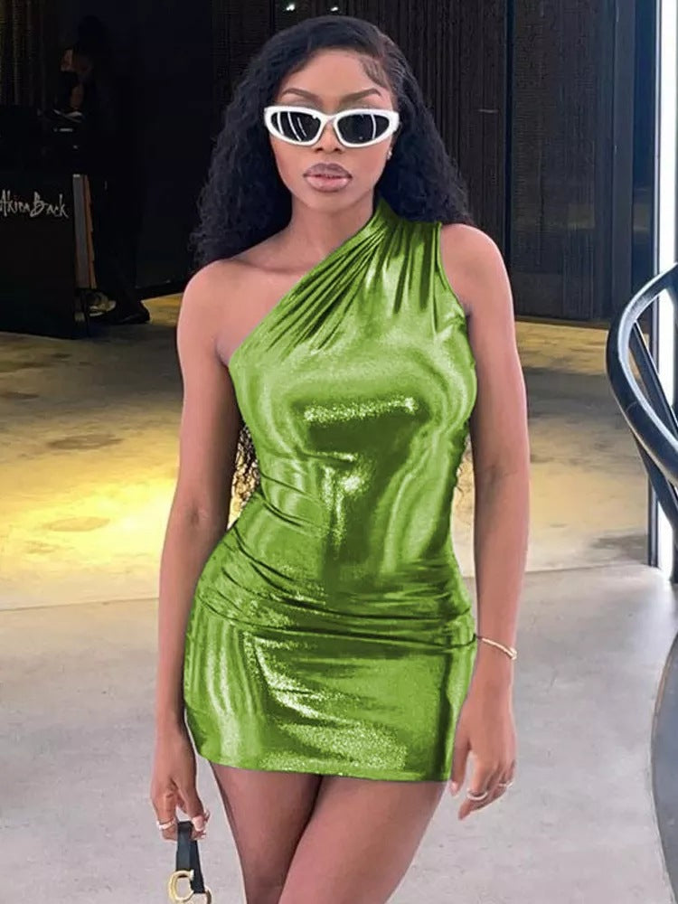 Dame Ein-skulder Metallic Bodycon Kjole Stilla
