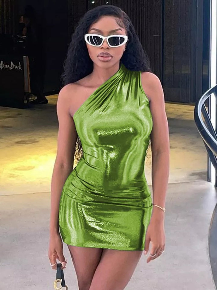 Dame Ein-skulder Metallic Bodycon Kjole Stilla