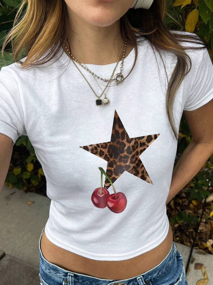 Dame Crop-T-Shirt med kreativt øjenmotiv og tourtryk Skovae