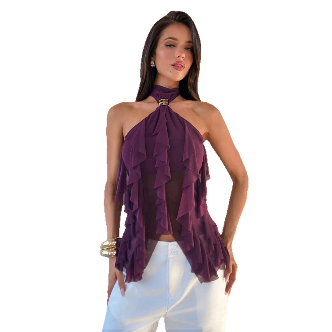 Dame nan Chiffon-Haltertop med dekorativ metalring og lagdelte volanger Skovae