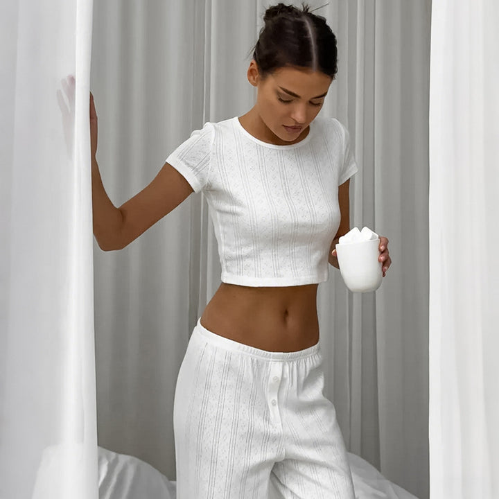 Dame bomulds-pyjama-sæt med elegant ribdesign og komfortabel pasform Stilla