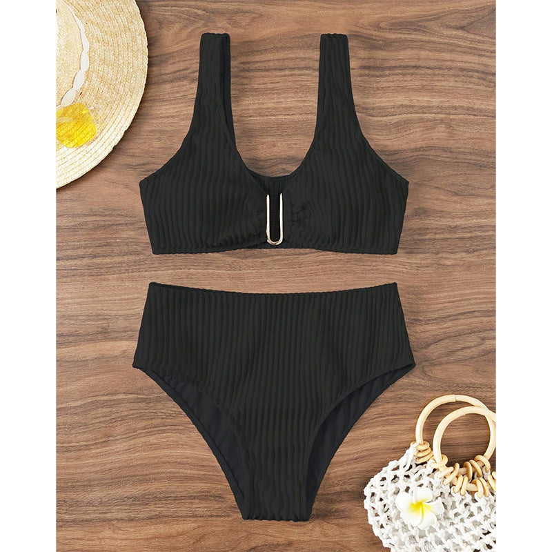 Damer høj talje bikini sæt med elegant stribemønster Skovae
