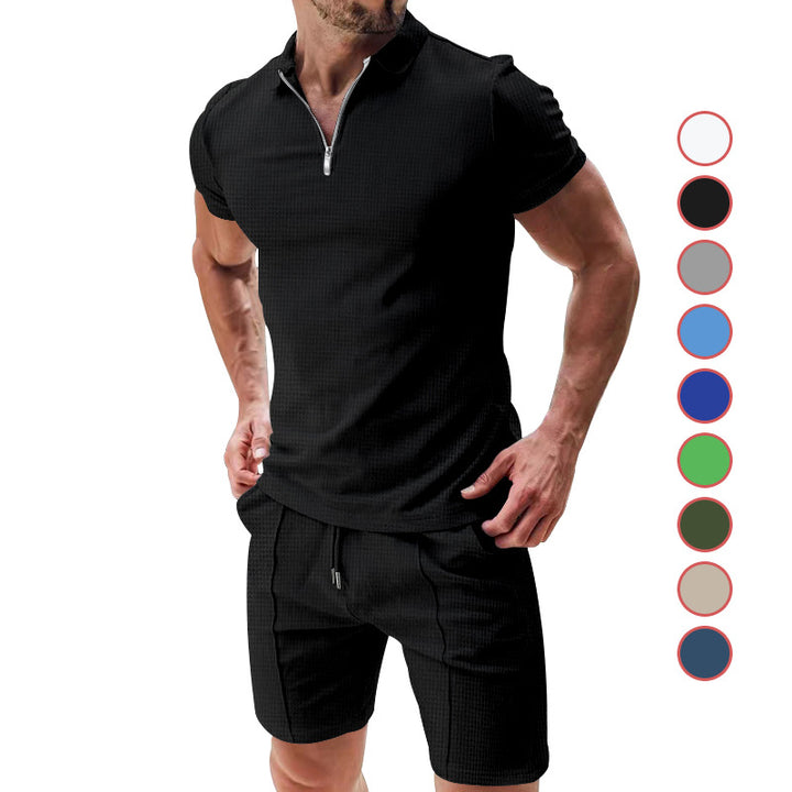 Herren nan sportives Poloshirt- og Chino-short-sæt med halvmidlertidig lynlås, struktureret jersey og diskret press fold Skovae