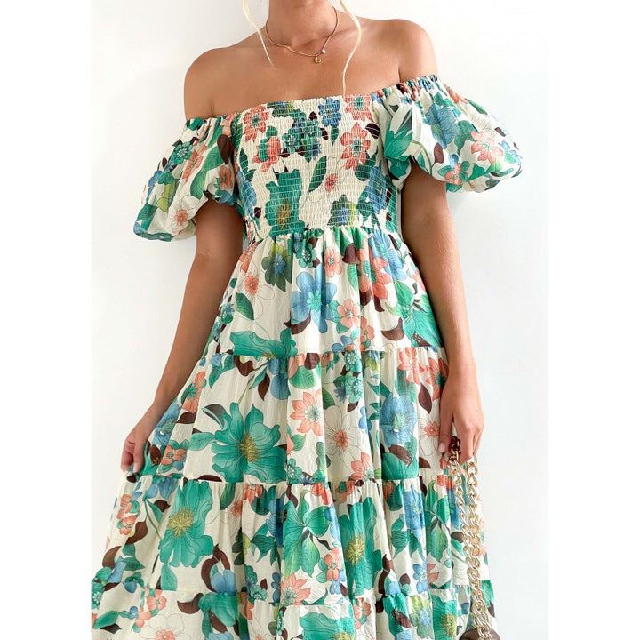 Dame Off-Shoulder Trappe maxikjole med blomsterprint Stilla