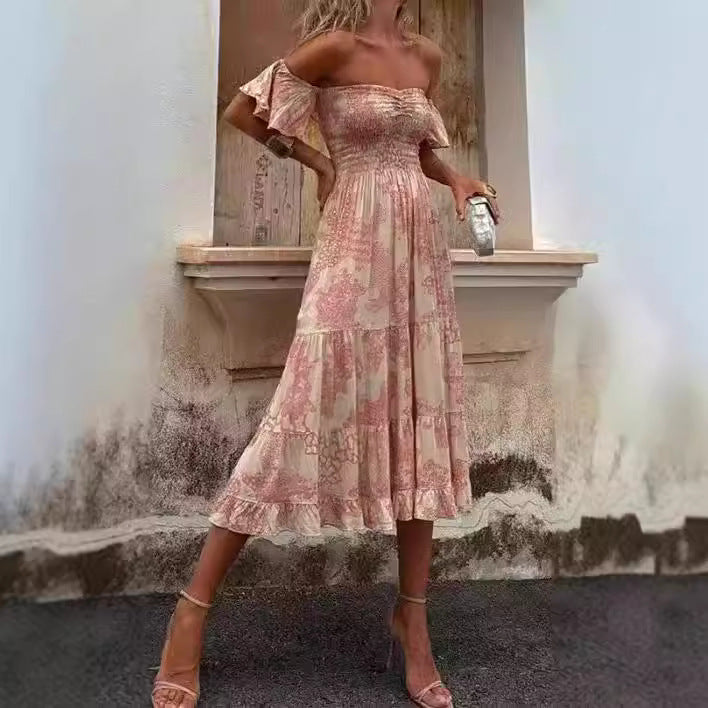 Women's Off-Shoulder Maxi Dress with Ruffle Details and Elastic Waistband Skovae