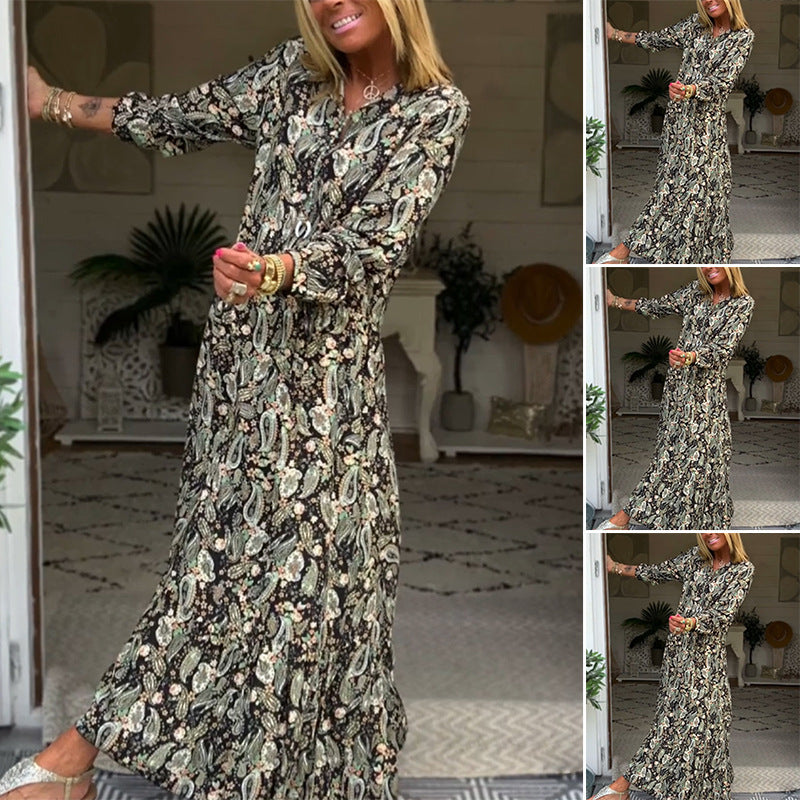 Dame nan Boho-Maxi-Kjole med Paisley-Print, V-hals, rynket talje og flæsekanter Skovae