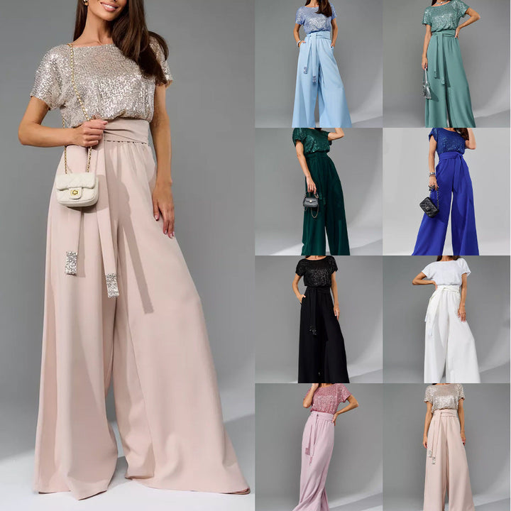 Dame glamourøs stil-outfit med glitrende top og bred pasform Skovae