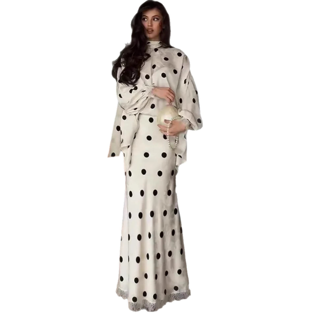 Dame Elegant Maxi Kjole med Dobbel Kant Design og Pletmønster