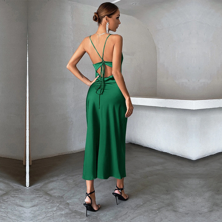 Damer elegant satin maxi kjole med spaghetti stropper og flydende snit Stilla