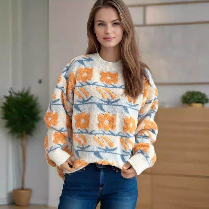 Kvindernes hyggelige strikket sweater med blomster 3D-applikationer Stilla