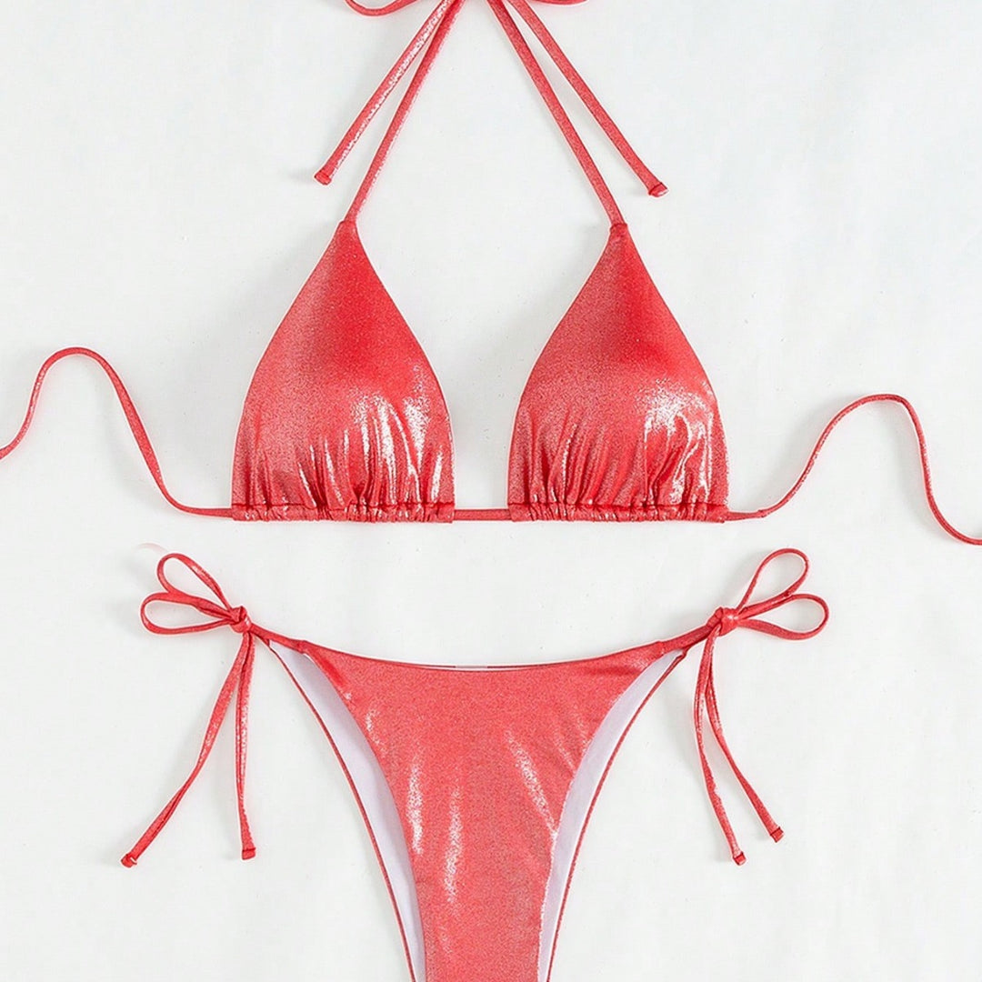 Dame Triangel-Bikini med glinsende overflade og justerbare snore Stilla