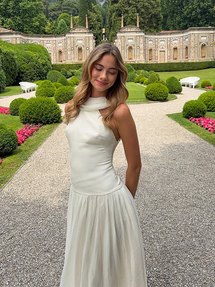 Dame Elegant Maxi-kjole med flot ståkrave og flydende skirt Stilla