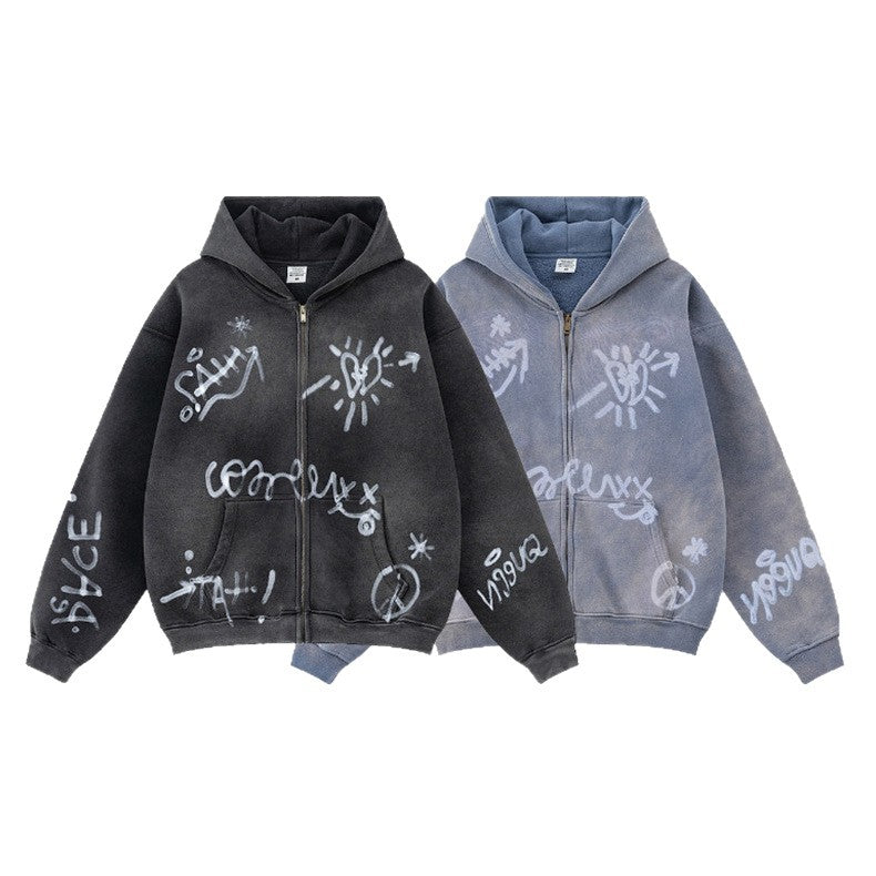 Unisex nan oversized hættetrøje med gennemgående lynlås, børstet fleecefor og håndlignende sprayprint Skovae