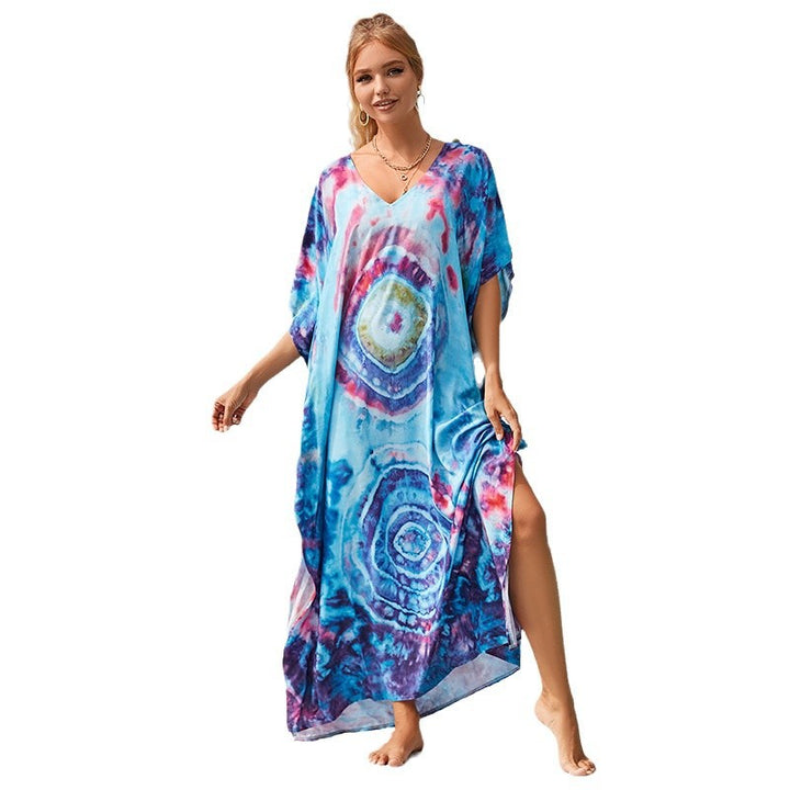 Dame Sommerligt Kaftan-Kjole med Dybt V-Udsnit og Kunstnerisk Design Stilla