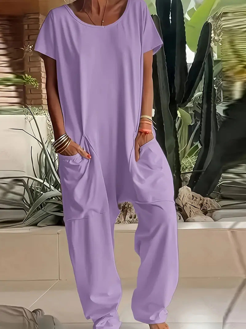 Dame nan vidde komfort jumpsuit med V-udskæring, dyb skridt og sidelommer Skovae