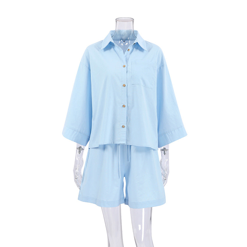 Dame afslappet linned-outfit-sæt med oversized skjorte og shorts Stilla
