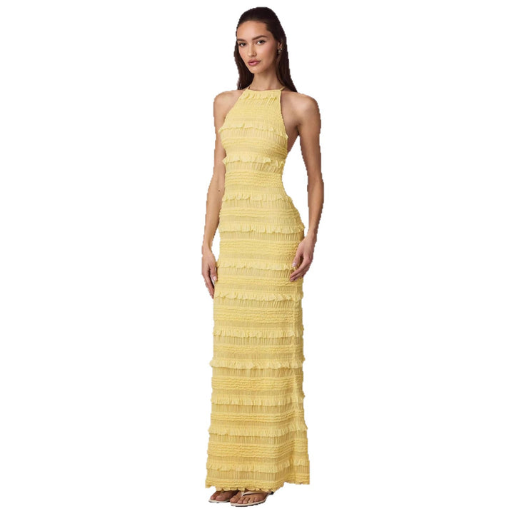 Dame maxi kjole med franges design og elegant halterneck Skovae