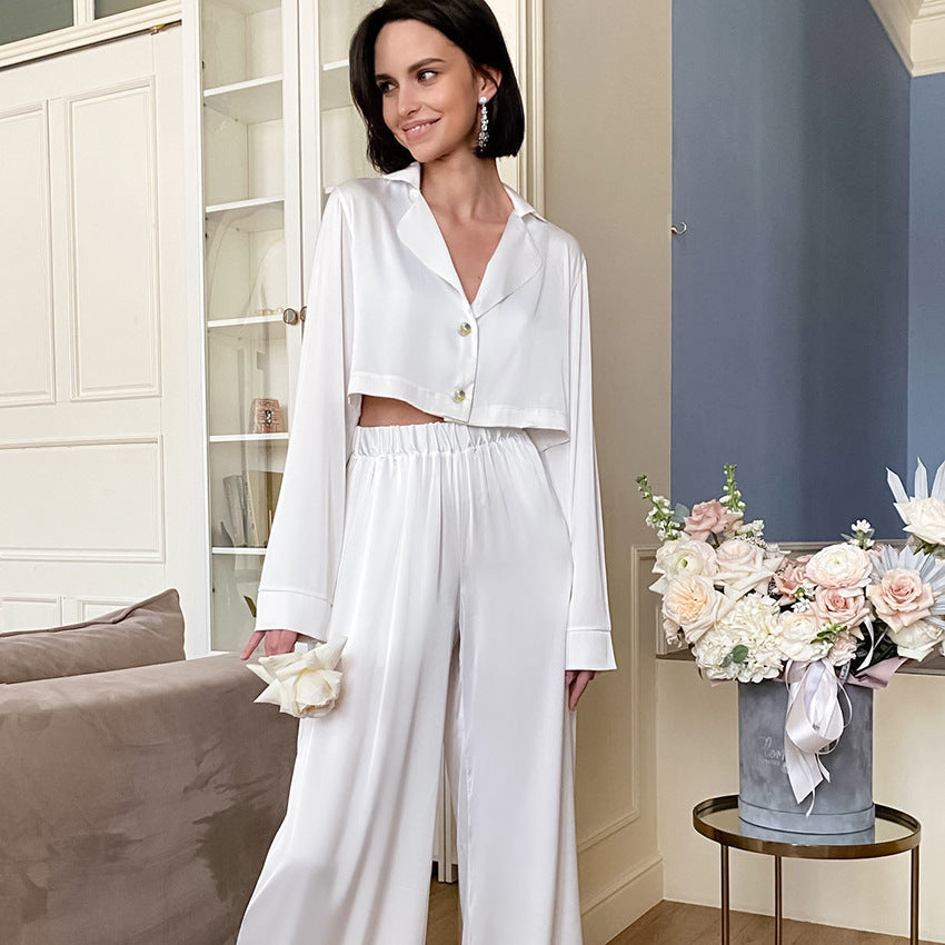 Dame Satin Cropped Bluse og løstsiddende Bukser Kombi Sæt Stilla