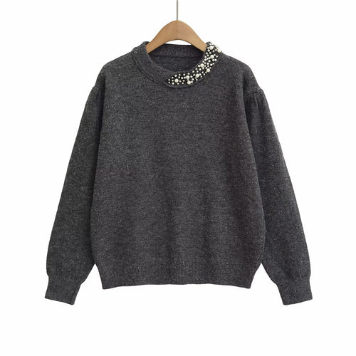 Dame Mode Strikpullover med elegante perledetaljer Stilla