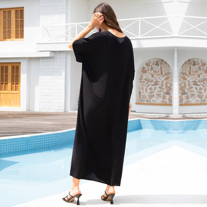 Dame Kaftan med kunstnerisk påfuglemotiv og V-hals Stilla