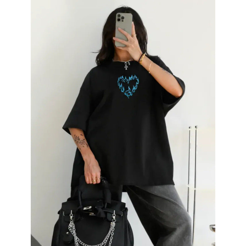 Dame afslappet grafik T-shirt med kreativ flammerhjerte-design Stilla