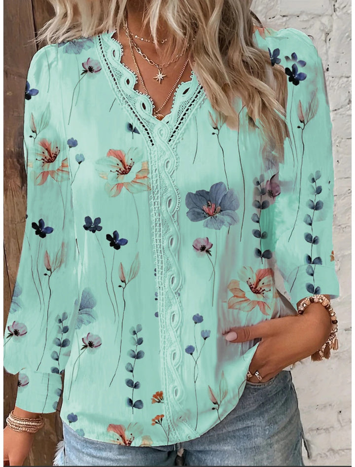 Dame chiffonbluse med blomstermotiv og spidsudsmykninger Stilla