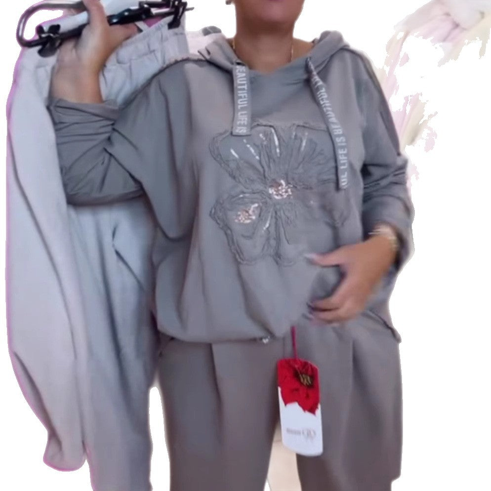 Dame nan afslappet Lounge-sæt med blomster-pailletter-hoodie, snøre og bredt buksefold Skovae