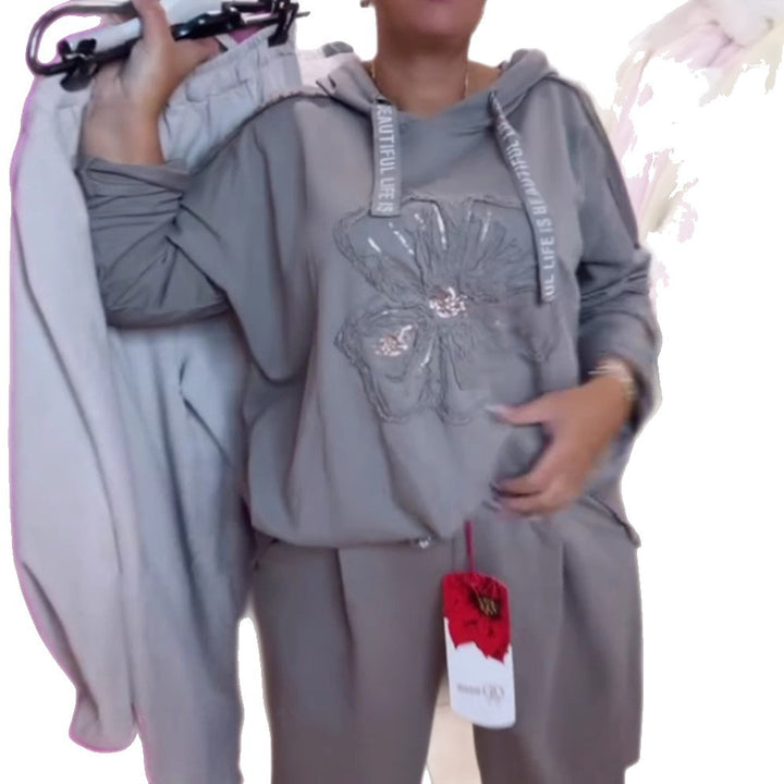 Dame nan afslappet Lounge-sæt med blomster-pailletter-hoodie, snøre og bredt buksefold Skovae
