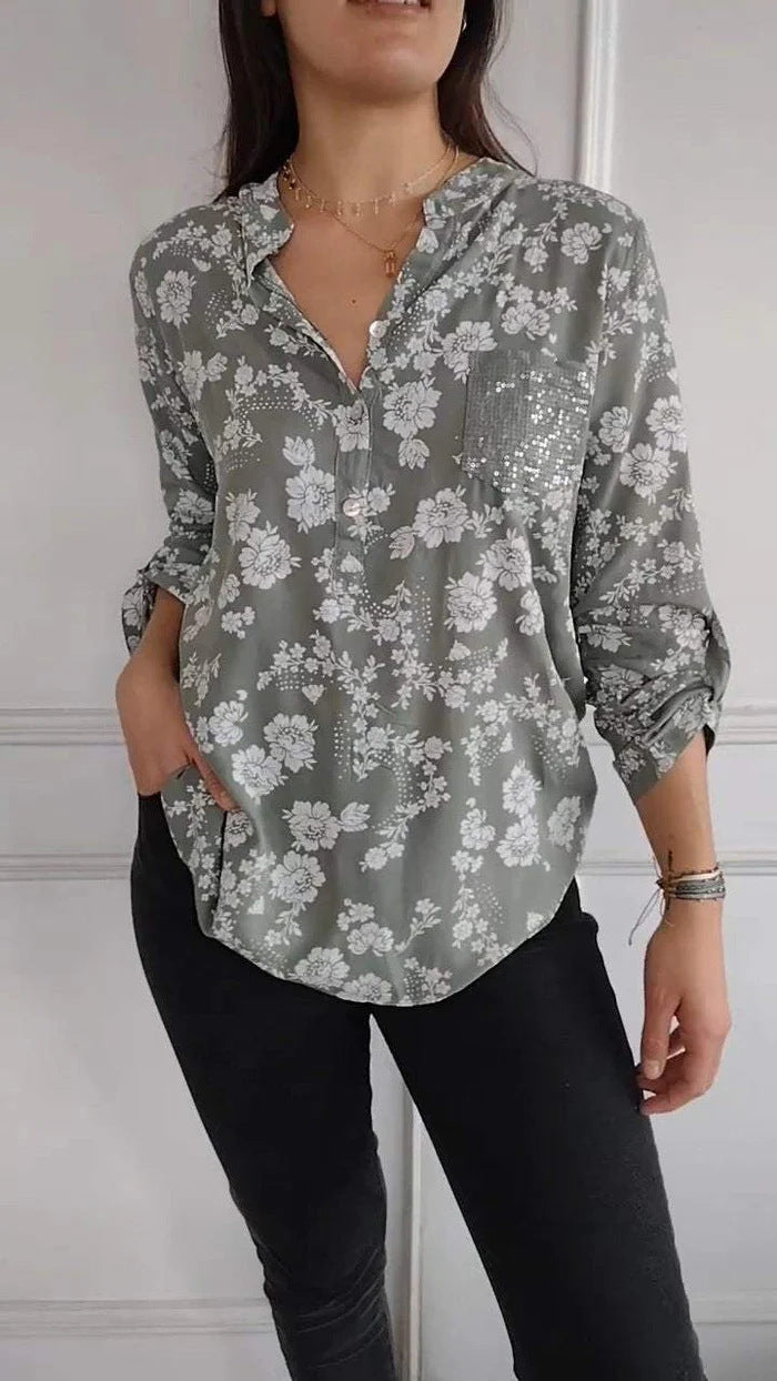 Dame Elegant Floral Knappeskjorte Stilla