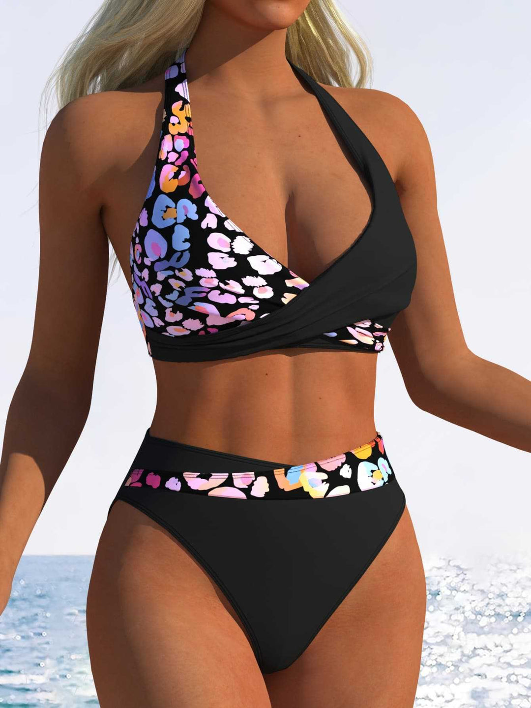 Damer Højt skåret bikini-sæt med trendy indpakningsoberdel og elastisk bånd Skovae