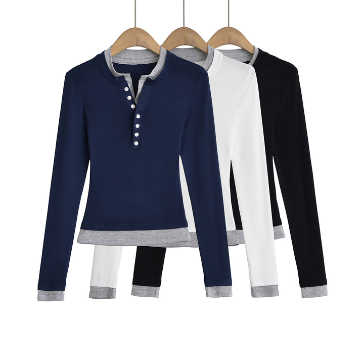 Dame Langærmet skjorte med moderne Henley-udskæring og afslappet pasform Stilla