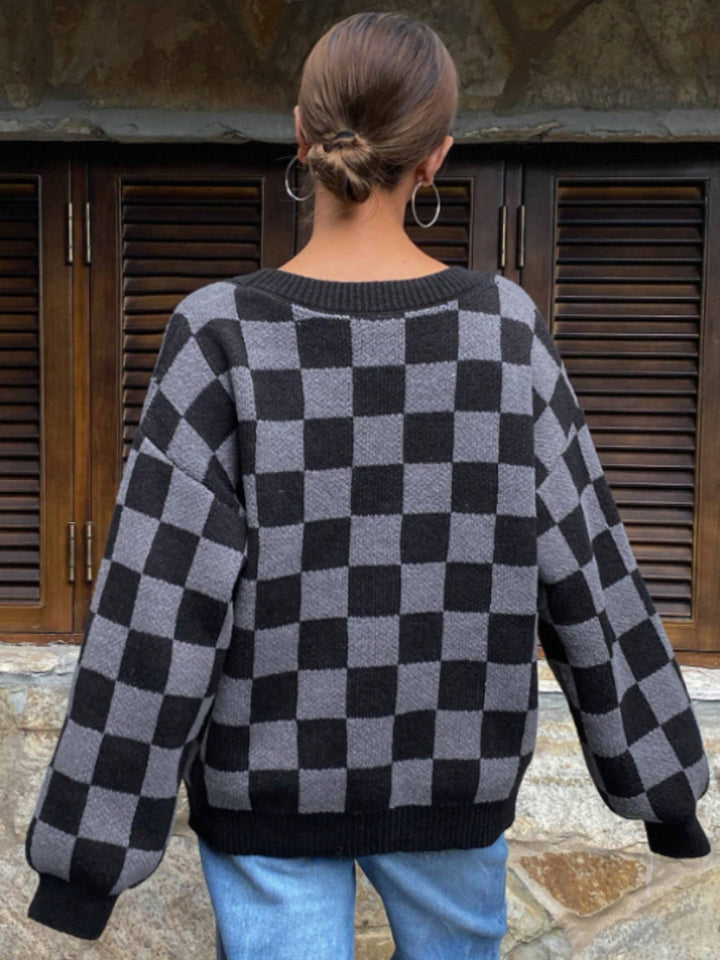 Femme Tjekket V-Udskæring Strikcardigan Stilla