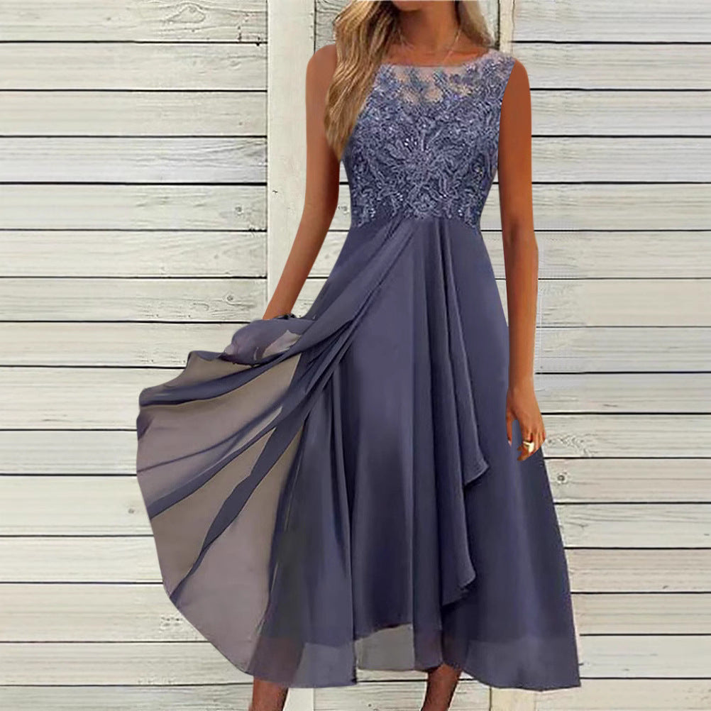 Damernes ærmeløse chiffon midikjole med broderet illusionsspitze, skibudskæring og lagdelt skørt Skovae
