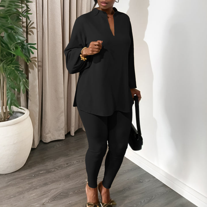 Dame afslappet to-dels sæt med elegant bluse og lange leggings Stilla