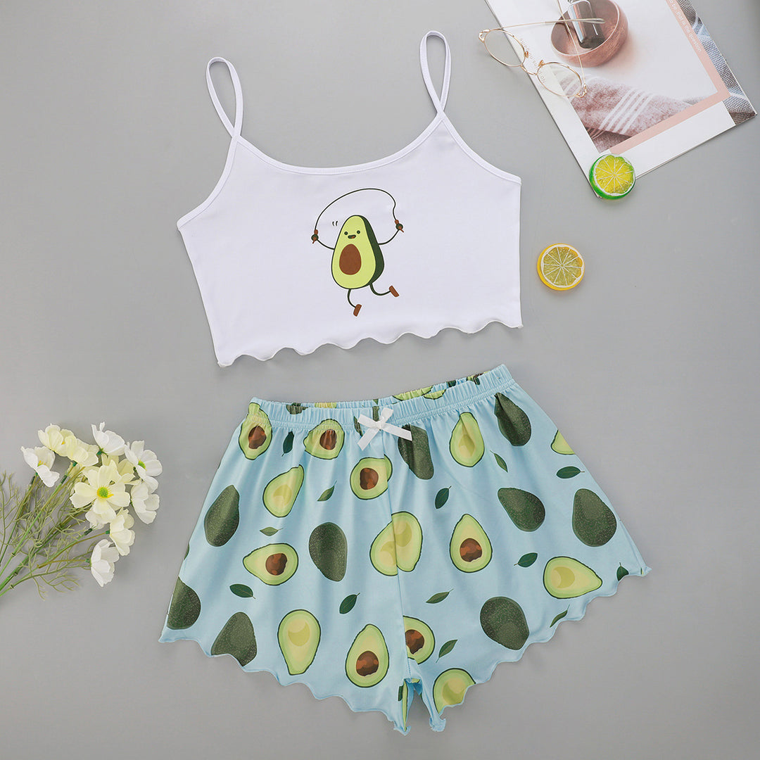 Dame Crop-Top og Shorts Sæt med sjovt Avocado-motiv Stilla