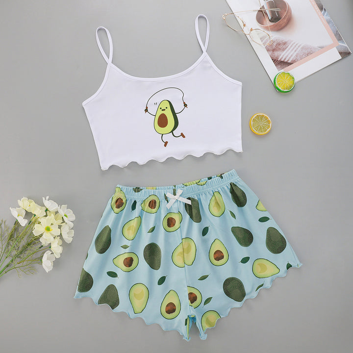 Dame Crop-Top og Shorts Sæt med sjovt Avocado-motiv Stilla